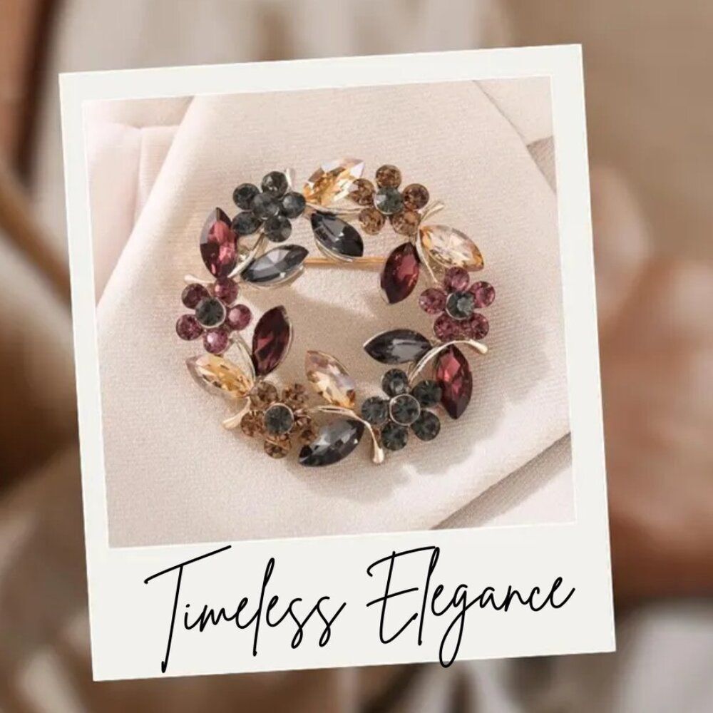 Wreath Brooch Timeless Elegance Crystal Floral Imperial Topaz Smoky Purple/Pinks